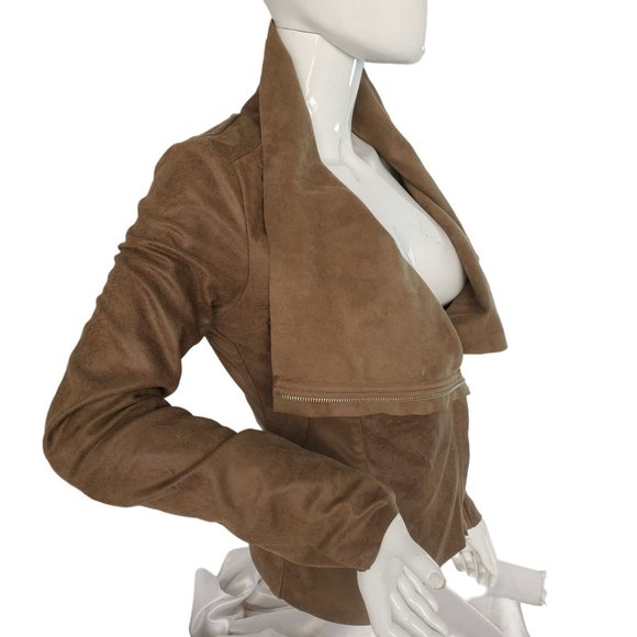 Malibu Sky Microfiber Jacket Top Brown Faux Leather Asymmetrical Zip Women Small - Picture 6 of 12